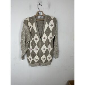Chrysantheme Vintage Argyle Floral Embroidered Cardigan‎ Sweater Tan Pink Large